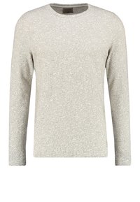 Ljusgrå långärmad tröja med ett strukturerat mönster, rund halsringning och ribbade muddar. Mjuk tyg, avslappnad passform, minimalistisk design.