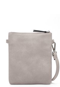 Graue Leder-Umhängetasche mit strukturierter Oberfläche, Oberreißverschluss und abnehmbarem Riemen. Flache, rechteckige Form mit minimalistischem Design.