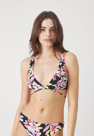 Black floral bikini with a triangular top featuring colorful flower patterns, thick straps, and a V-shaped design. Bottoms with matching floral accents.