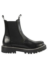 Stivale Chelsea in pelle nera con pannelli laterali elasticizzati, linguette, suola in gomma spessa e cuciture a contrasto lungo il bordo.