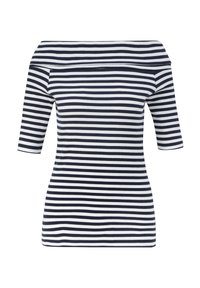 Off-the-shoulder getailleerd top in marineblauw en witte strepen, met korte mouwen en geribbelde textuur. Stijlvol en veelzijdig ontwerp, geschikt voor casual gebruik.