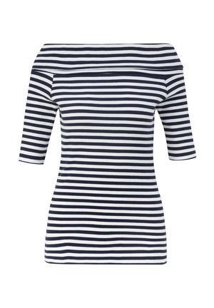 Saisonaler, figurbetontes Oberteil in Marineblau mit weißen Streifen, mit kurzen Ärmeln und geripptem Textur. Stilvolles und vielseitiges Design, das sich gut für lässige Anlässe eignet.