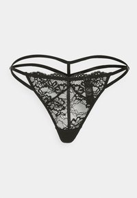 Black thong made of lace and elastic with a floral pattern, featuring a V-shape design and thin strappy sides for minimal coverage.