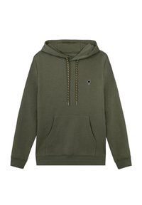 Sweat à capuche vert olive en tissu doux, avec une poche frontale, un cordon de serrage à capuche avec des cordons à motifs, et un petit logo d'arbre sur la poitrine.