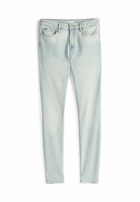 Jeans ajustados de color azul claro con cierre de botón y cremallera frontal, cinco bolsillos y un ligero desgaste en los muslos.