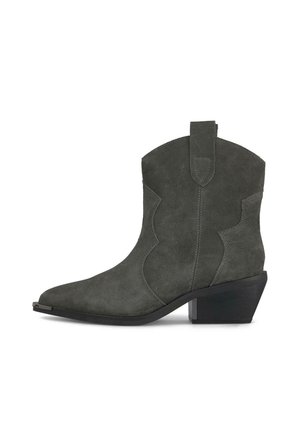 Gray suede cowboy boot with a pointed toe and a slight heel, featuring stitched detailing and a pull tab on the back for easy wear.