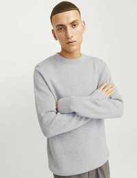 Hellgrauer Rundhalsausschnitt-Pullover mit langen Ärmeln, aus weichem Strickmaterial gefertigt. Verfügt über einen gerippten Kragen und Manschetten. Einfaches Design, minimale Details.