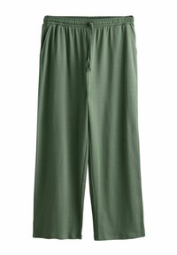 Pantaloni largi verzi dintr-un material moale și elastic. Au un tiv elastic cu șnur, două buzunare laterale și fără modele vizibile.