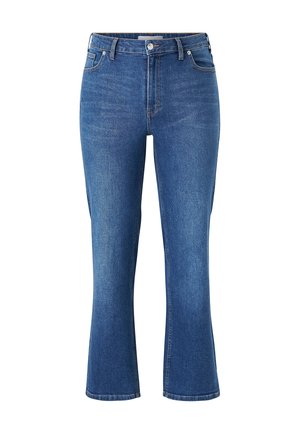 Blauwe flared jeans van denim met een hoge taille, voorzakken en subtiele vervaging. De stof heeft een gladde textuur en een constante kleur.