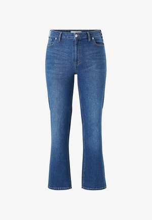 Blauwe flared jeans van denim met een hoge taille, voorzakken en subtiele vervaging. De stof heeft een gladde textuur en een constante kleur.