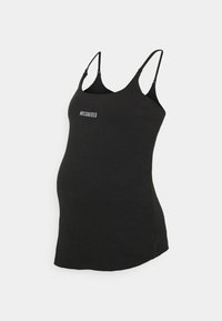 Černý ribbed těhotenský top na ramínka s tenkými popruhy. Má kulatý výstřih a logo tištěné na přední straně. Měkce a elasticky tkanina.