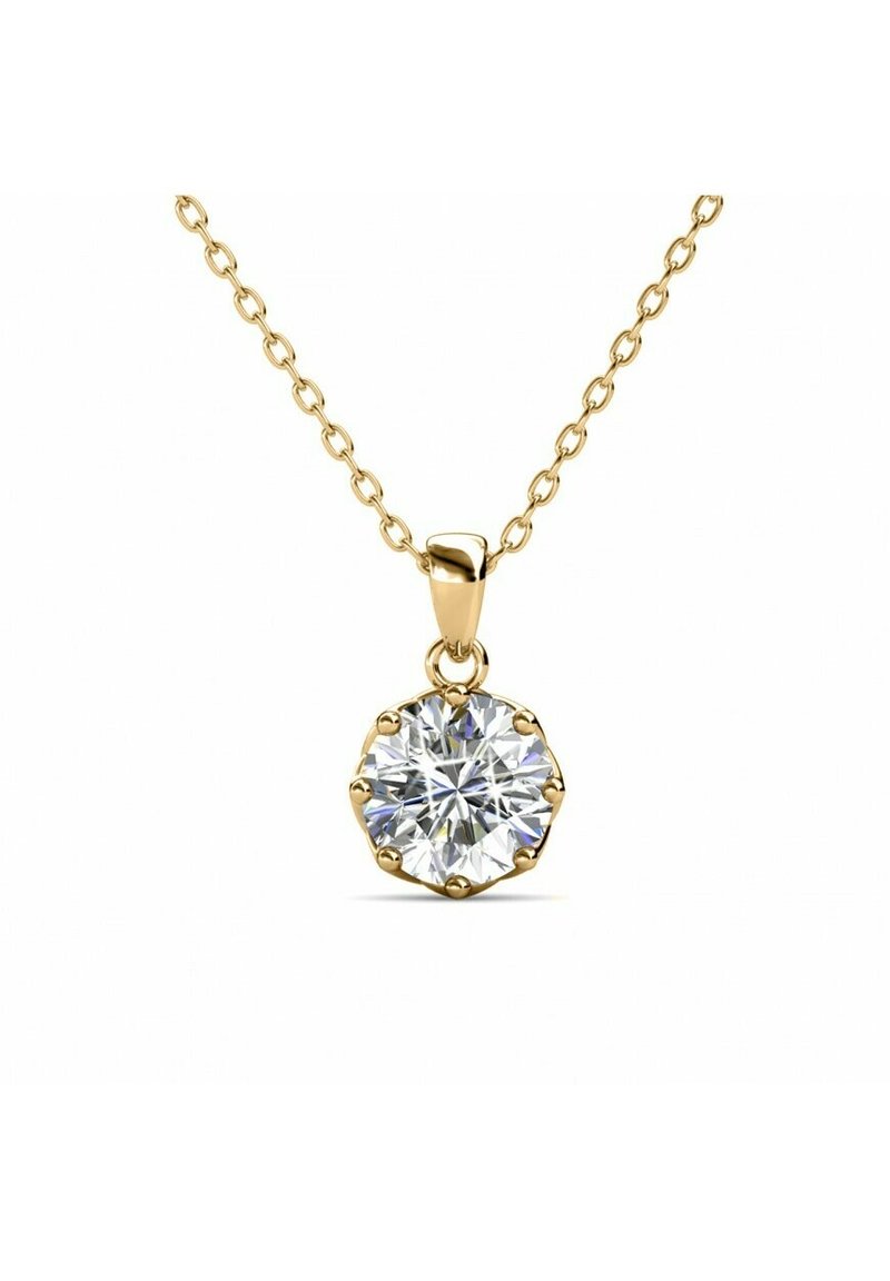 Gouden ketting met een ronde, heldere edelsteen hanger, gezet in een achtzijdige bak met zes pootaccenten.