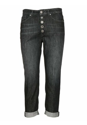 Jeans in denim nero con vita alta, chiusura a cinque bottoni e orli arrotolati. Presenta tasche frontali e dettagli decorativi in metallo.