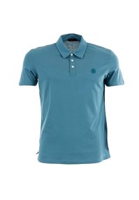 Polo blu realizzato in tessuto morbido. Presenta un colletto, una chiusura con tre bottoni e un logo sul lato sinistro del petto. Maniche corte.