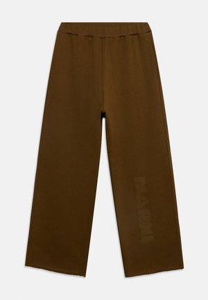 Pantalon marron à jambes larges avec une taille élastique et un texte subtil "Marni" sur la jambe droite sur un fond clair.