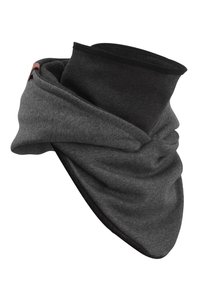 Gray and black fabric neck warmer with a soft texture, featuring a layered design and contrasting trim, secured with a leather accent.