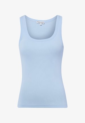 Light blue ribbed tank top with scoop neckline, sleeveless design, and small label at the back collar showing brand and size.