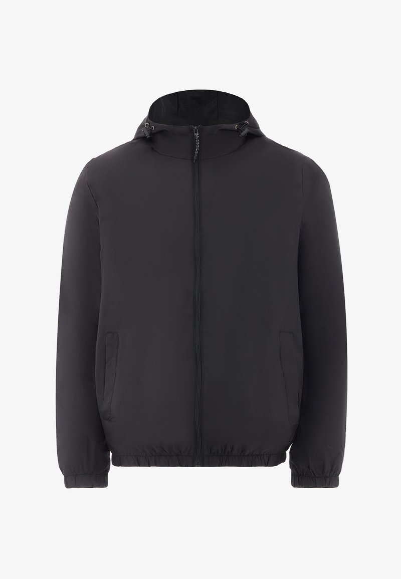 Juodas vėjalis, pagamintas iš lengvos medžiagos, su priekiniais užtrauktukais, reguliuojama kepure ir elastingomis rankovėmis, taip pat su šoniniais kišenėmis.