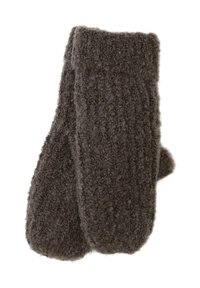 Moufles marron et duveteuses, fabriquées à partir d'un matériau doux avec une surface texturée et des poignets côtelés, conçues pour la chaleur et le confort.
