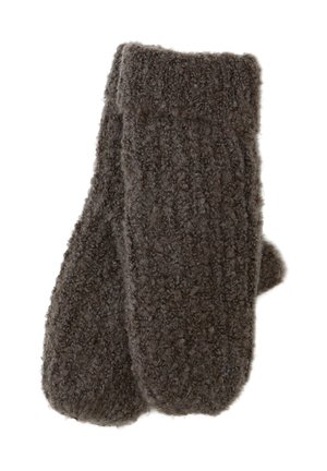 Brązowe, puszyste rękawiczki wykonane z miękkiego materiału o teksturowanej powierzchni i prążkowanych mankietach, zaprojektowane dla ciepła i komfortu.