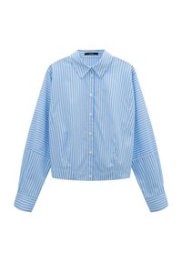 Blau-weiße gestreifte Bluse mit Kragen, langen Ärmeln, Knopfverschluss und cropped Design. Hergestellt aus einem glatten, leichten Stoff.