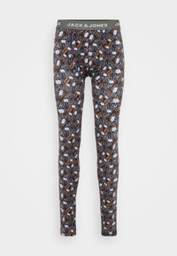 Black leggings featuring an all-over design of skulls and floral elements in white, orange, and green, with a gray branded waistband.