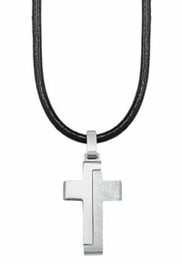 Silbernes Kreuzanhänger an einem schwarzen Lederband. Das Kreuz hat eine geb brushed Oberfläche mit polierten Kanten und einem einfachen, geometrischen Design.
