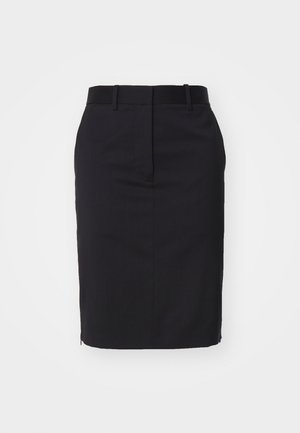 Black pencil skirt with a fitted design, made of smooth fabric. Features a waistband and a slit at the back for ease of movement.