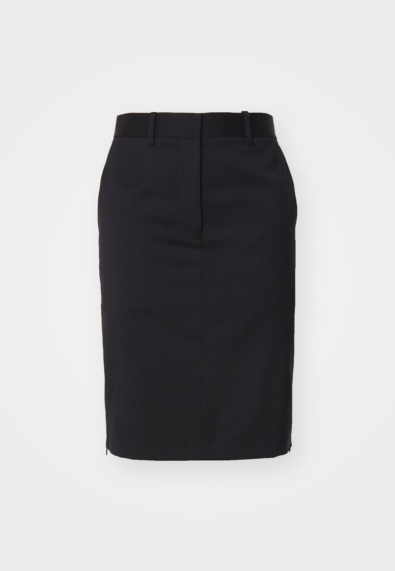 Black pencil skirt with a fitted design, made of smooth fabric. Features a waistband and a slit at the back for ease of movement.