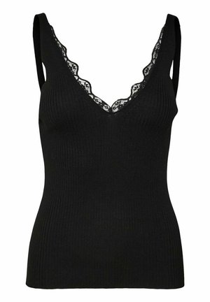 Débardeur noir à côtes avec un décolleté en V. Il présente une bordure en dentelle festonnée autour du décolleté et des bretelles larges. Texture lisse dans l'ensemble.
