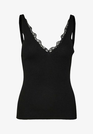 Must mustriba top V-kaelusega. Kaunistatud lainelise pitsäärisega kaela ümber ja laiad elastsed rihmad. Üldiselt sile tekstuur.