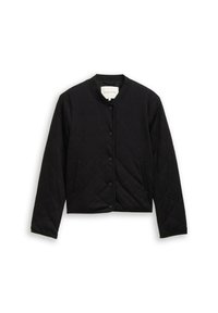 Zwarte doorgestikte jas met een ronde hals, knopen aan de voorkant en zijzakken. Gladde textuur met een aansluitend, kort model.