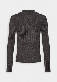 Långärmad, figurnära topp tillverkad av ribbat svart tyg med metalltråd, med hög krage och texturerad design.