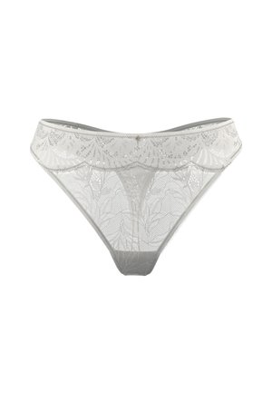 Koronkowy string w jasnoszarym kolorze, z kwiatowym wzorem, bezszwowymi krawędziami i delikatnym pasem. Miękki, przezroczysty materiał o gładkiej fakturze.