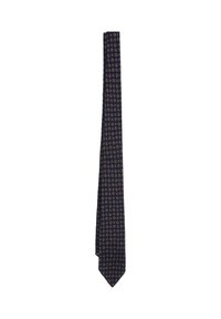 Corbata de color azul marino con un patrón repetido de pequeños motivos en forma de cuadrado en naranja y azul claro.