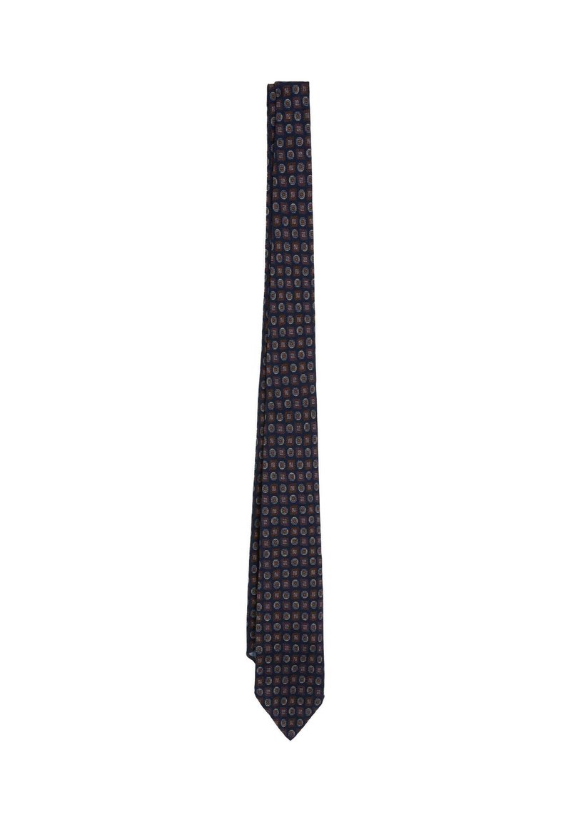 Corbata de color azul marino con un patrón repetido de pequeños motivos en forma de cuadrado en naranja y azul claro.