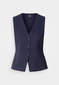 Gilet bleu marine à fines rayures avec trois boutons noirs et col en V, étiqueté Boss, présenté sur fond blanc.