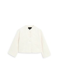 Veste courte blanche à manches longues avec un col rond et trois boutons devant sur un fond uni.