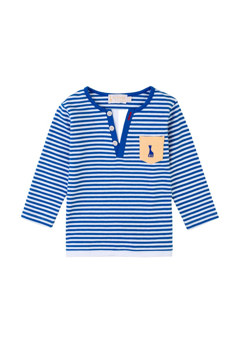 Camicia a maniche lunghe a righe blu e bianche con scollatura a bottoni e una tasca gialla che presenta un motivo ricamato blu di una giraffa.