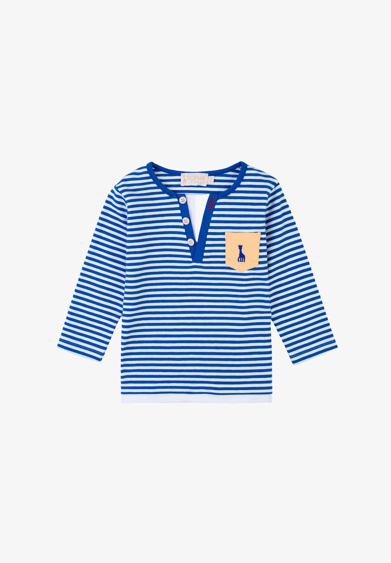 Camicia a maniche lunghe a righe blu e bianche con scollatura a bottoni e una tasca gialla che presenta un motivo ricamato blu di una giraffa.