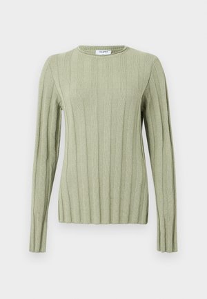 Maglione a maniche lunghe in maglia a coste verde chiaro con scollo rotondo, vestibilità aderente e strisce verticali strutturate.