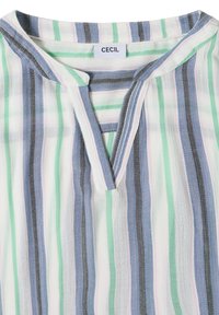 Chemise à col avec des rayures verticales bleues, vertes, noires et roses sur tissu blanc, comprenant une encolure fendue en V et une étiquette de la marque CECIL.