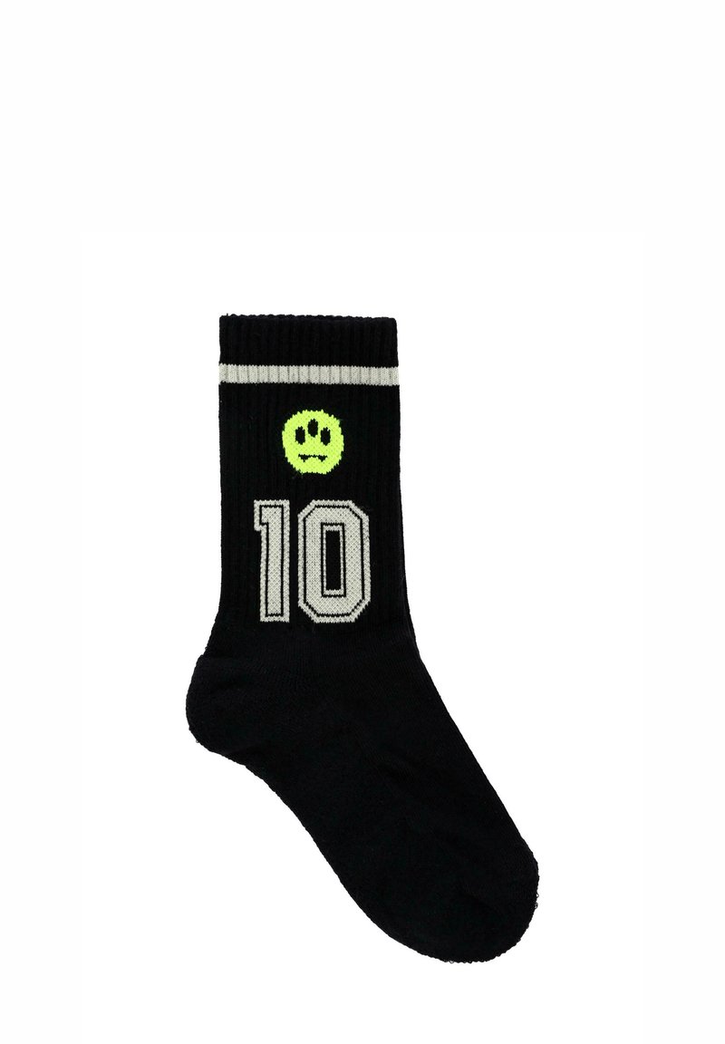 Calzino di cotone nero con texture a coste, presenta una faccina sorridente verde e il numero "10" contornato di grigio, con un bordo rigato bianco.