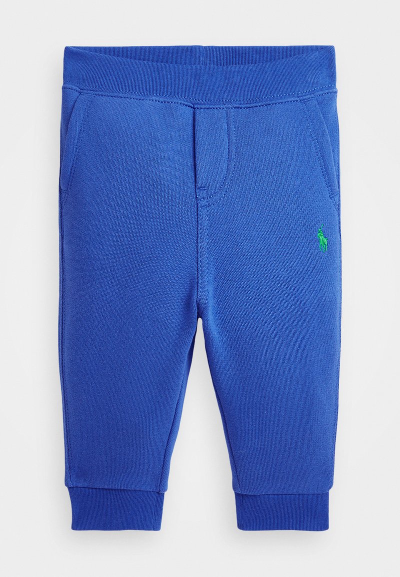 Blaue Baumwoll-Sweatpants mit geripptem Bund und Bündchen. Verfügt über zwei Seitentaschen und ein kleines grünes Logoemblem. Glatte Textur auf der gesamten Fläche.