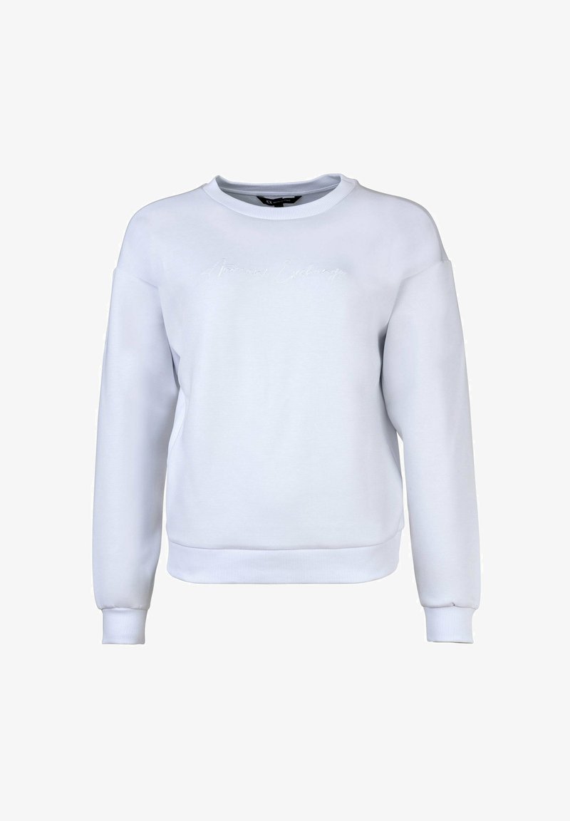 Felpa bianca con maniche lunghe, polsini e orlo a coste. Presenta un sottile testo ricamato sul davanti. Realizzata in tessuto morbido con una texture liscia.