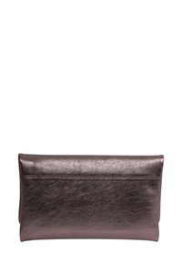Metallic rose gold clutch made of textured leather, featuring a smooth, rectangular shape with a subtle stitched accent.
