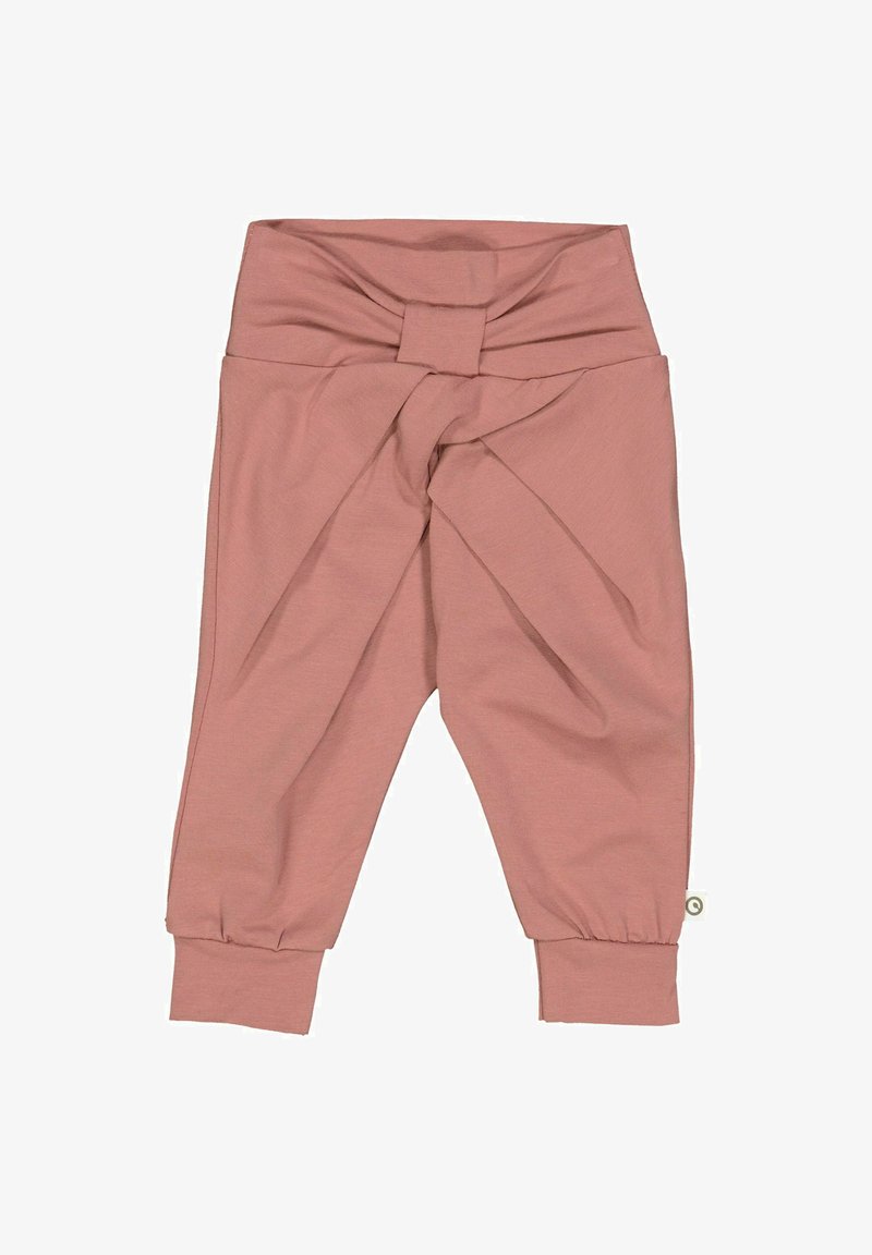 Roze zachte stofbroeken met een geknoopte tailleband, taps toelopende benen en elastische boorden bij de enkels. Rekbaar materiaal voor comfort.