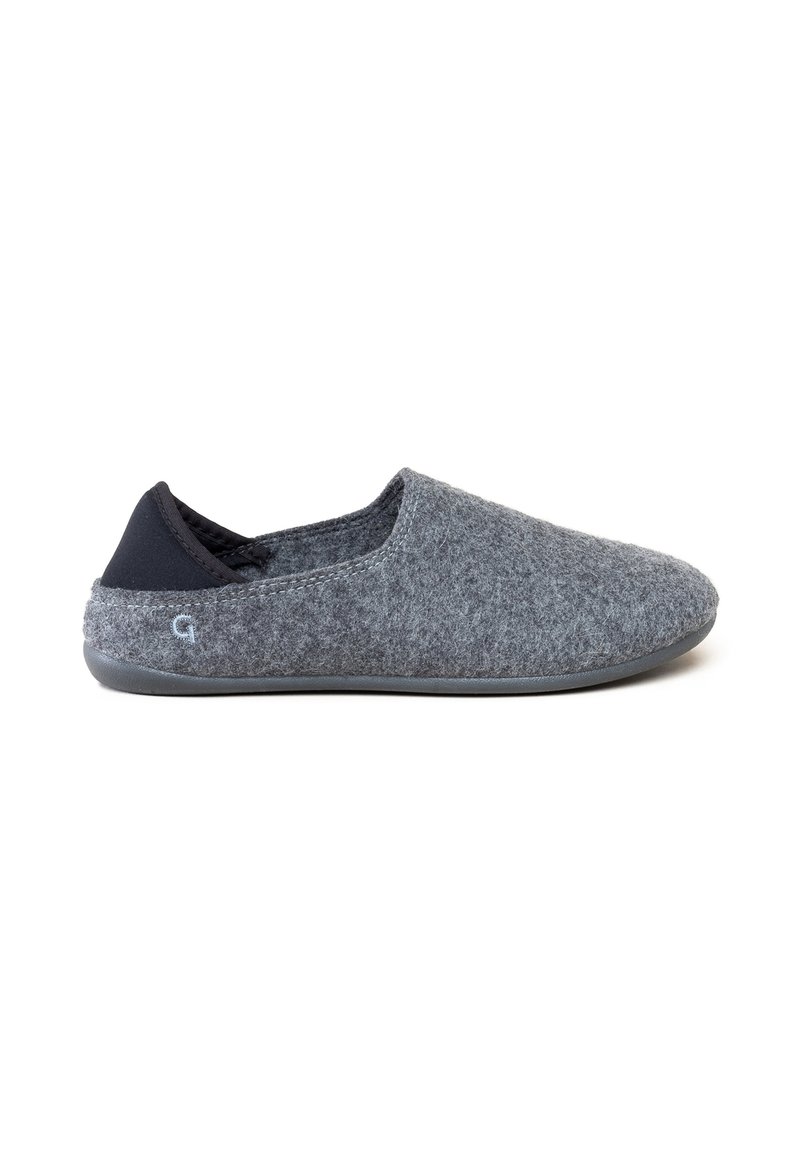 Gray felt slip-on slipper with a rounded shape, soft texture, and black nylon accents at the heel and collar; rubber outsole.