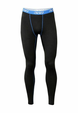 Leggings compressivi neri a tutta lunghezza con cuciture blu e una cintura elastica blu e bianca con marchio.