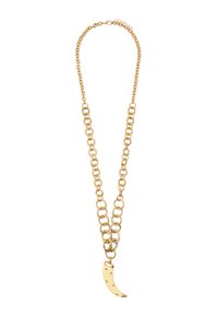 Złoty naszyjnik z łańcuszkiem, posiadający duże okrągłe ogniwa oraz półksiężycowy wisiorek o gładkim, jasnym wykończeniu i małych ćwiekach.